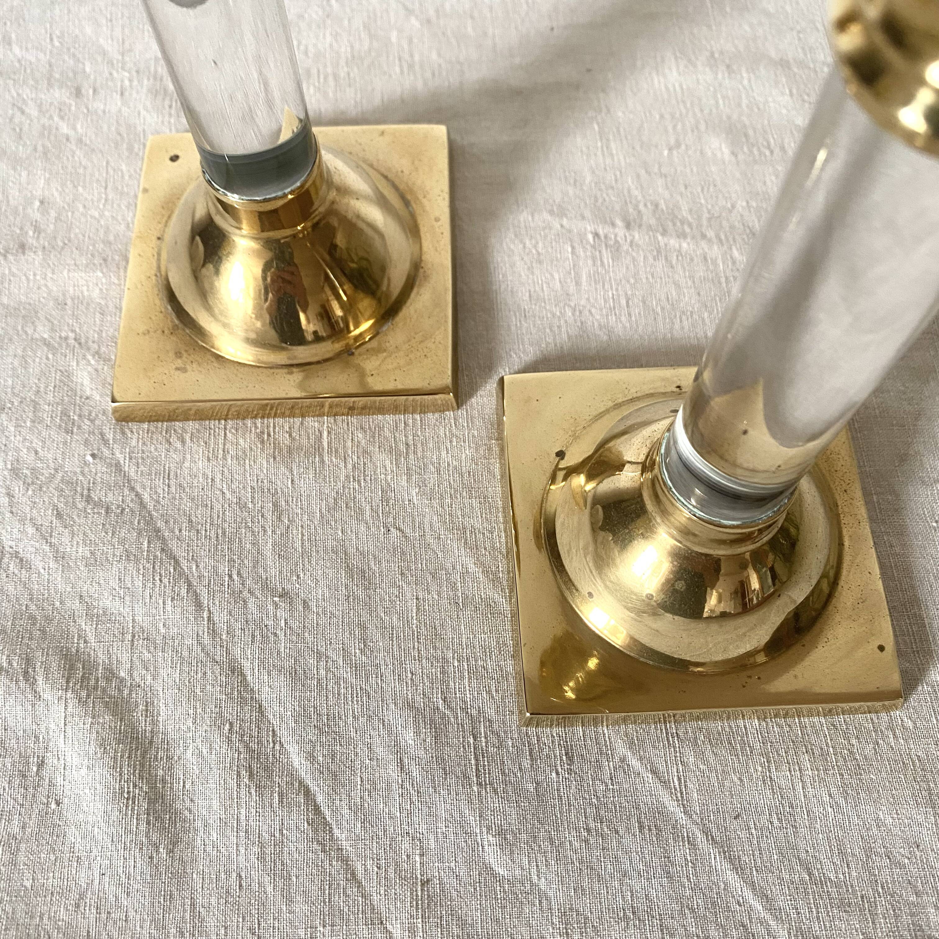 Pair of brass and lucite candlesticks, 1970s