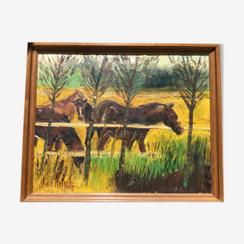 Huile sur toile Les chevaux signée J.Kirsch 1961 (88x72)