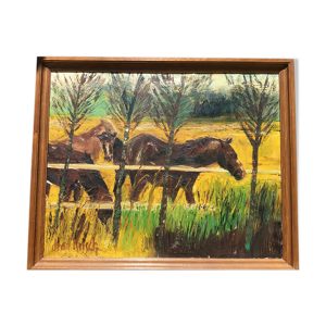 Huile sur toile Les chevaux signée