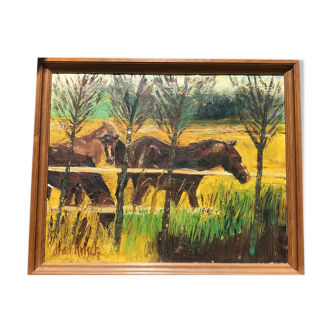 Huile sur toile Les chevaux signée J.Kirsch 1961 (88x72)