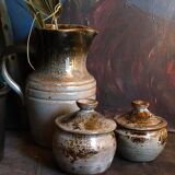 Duo of potter's pots covered in vintage glazed stoneware
