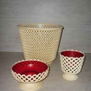 Lot of red and beige Emsa vases, flower spikes, pot cover and a bowl