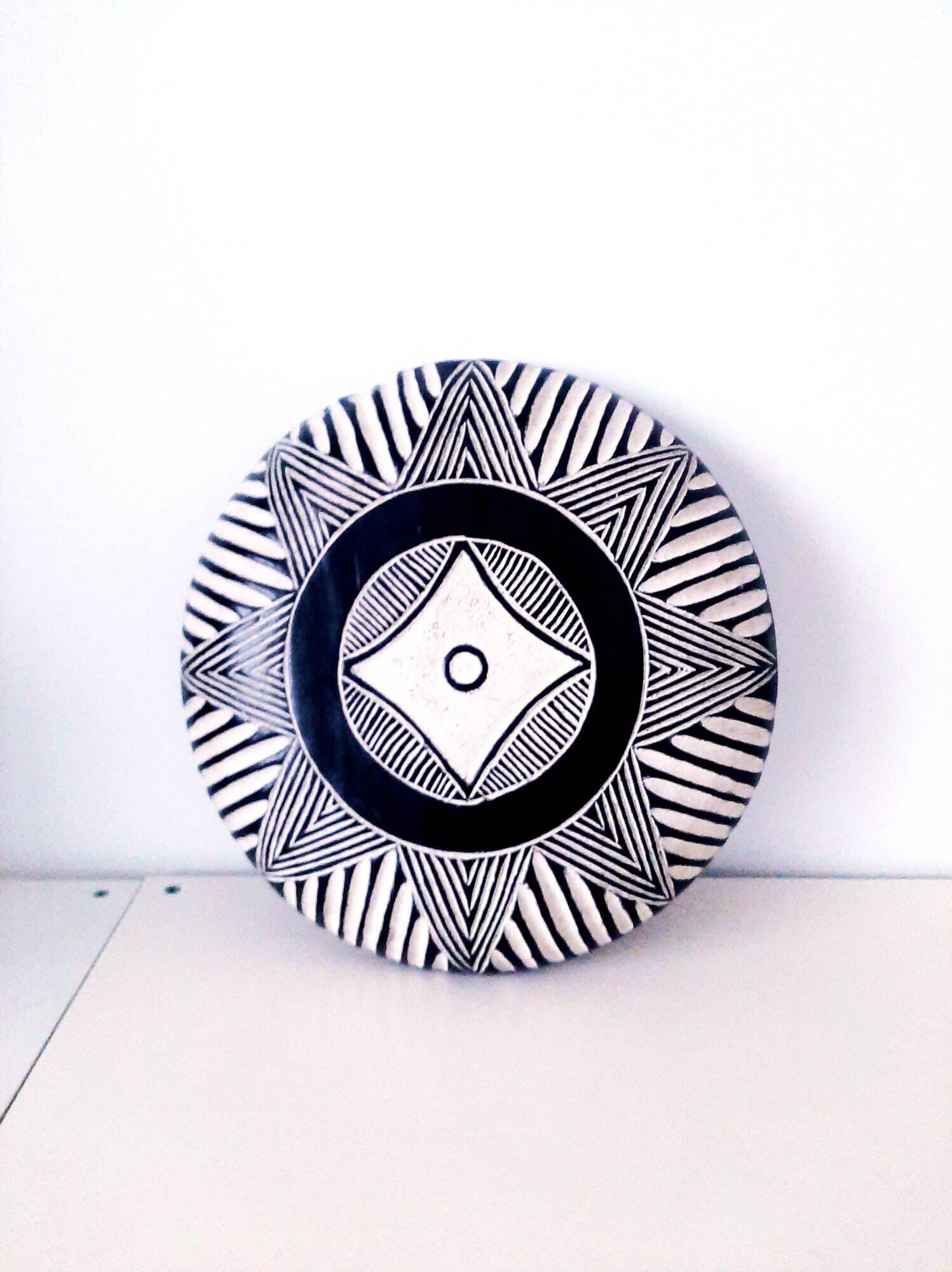 Traditional African tribal shield Bamileke round, wooden, black white wall decoration