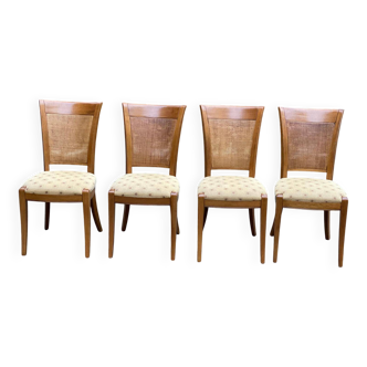 4 chaises style directoire du 20ème en bois massif cannées et tissu beige