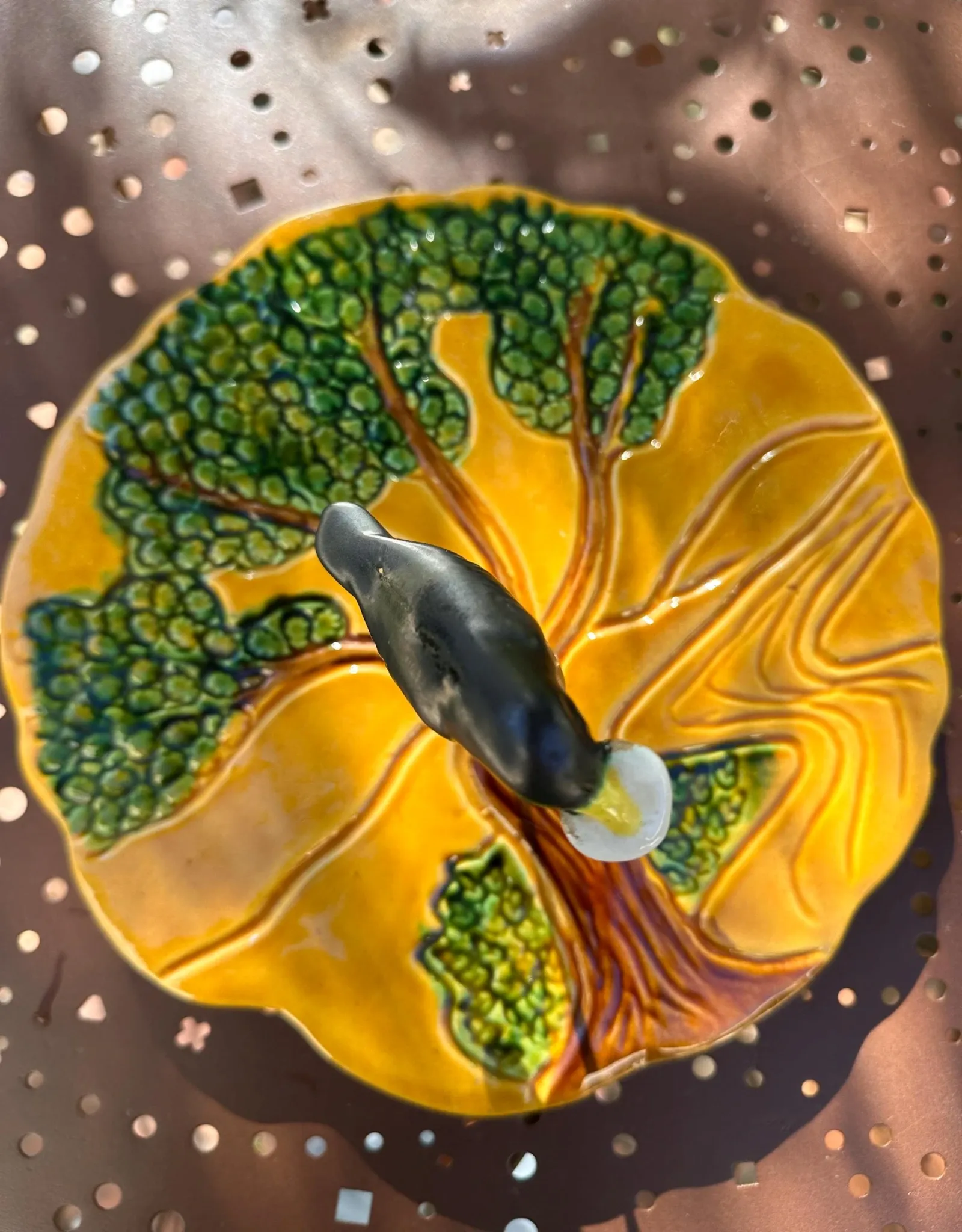 Ceramic cheese platter Vallauris, crow and tree, years