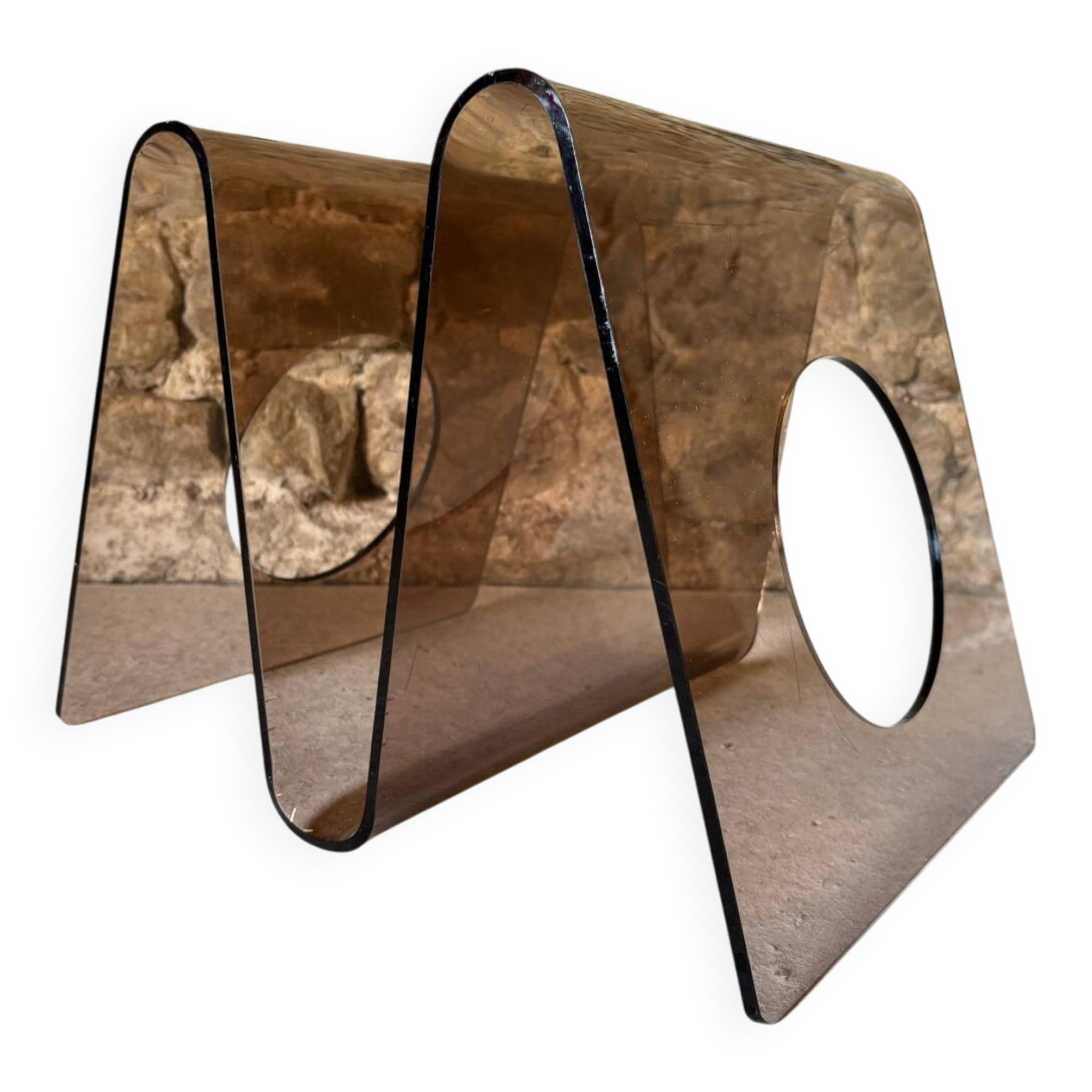 Smoked Plexiglas magazine rack by Michel Dumas for Roche Bobois 1970