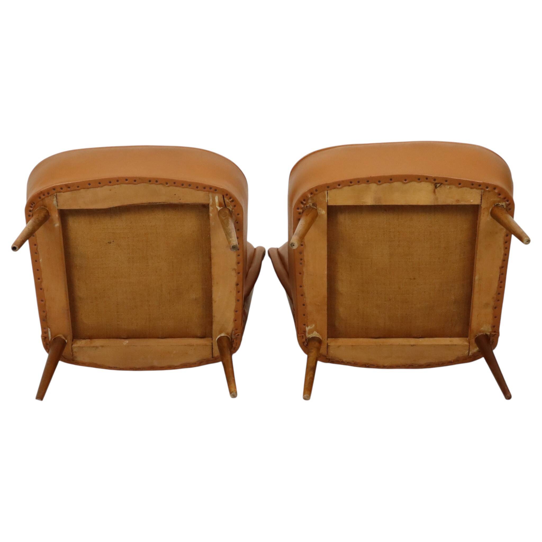 Pair of Vintage Expo 58 Cocktail Chairs, Cognac Faux Leather, Sixties