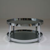 Round chrome-plated metal coffee table and smoked glass tops, France 1970s