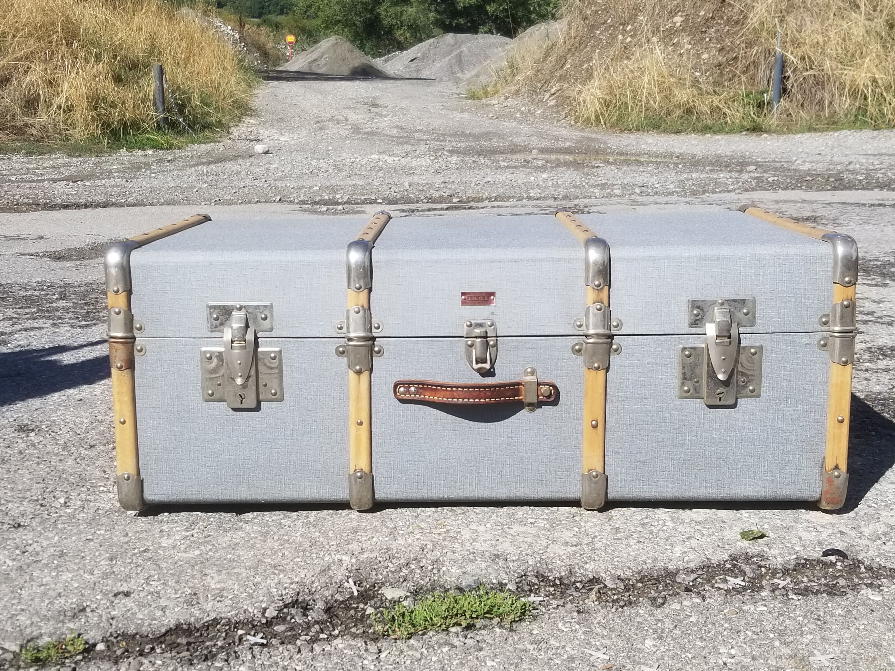 Vintage wooden travel trunk stamped bagage j.m.g.é.