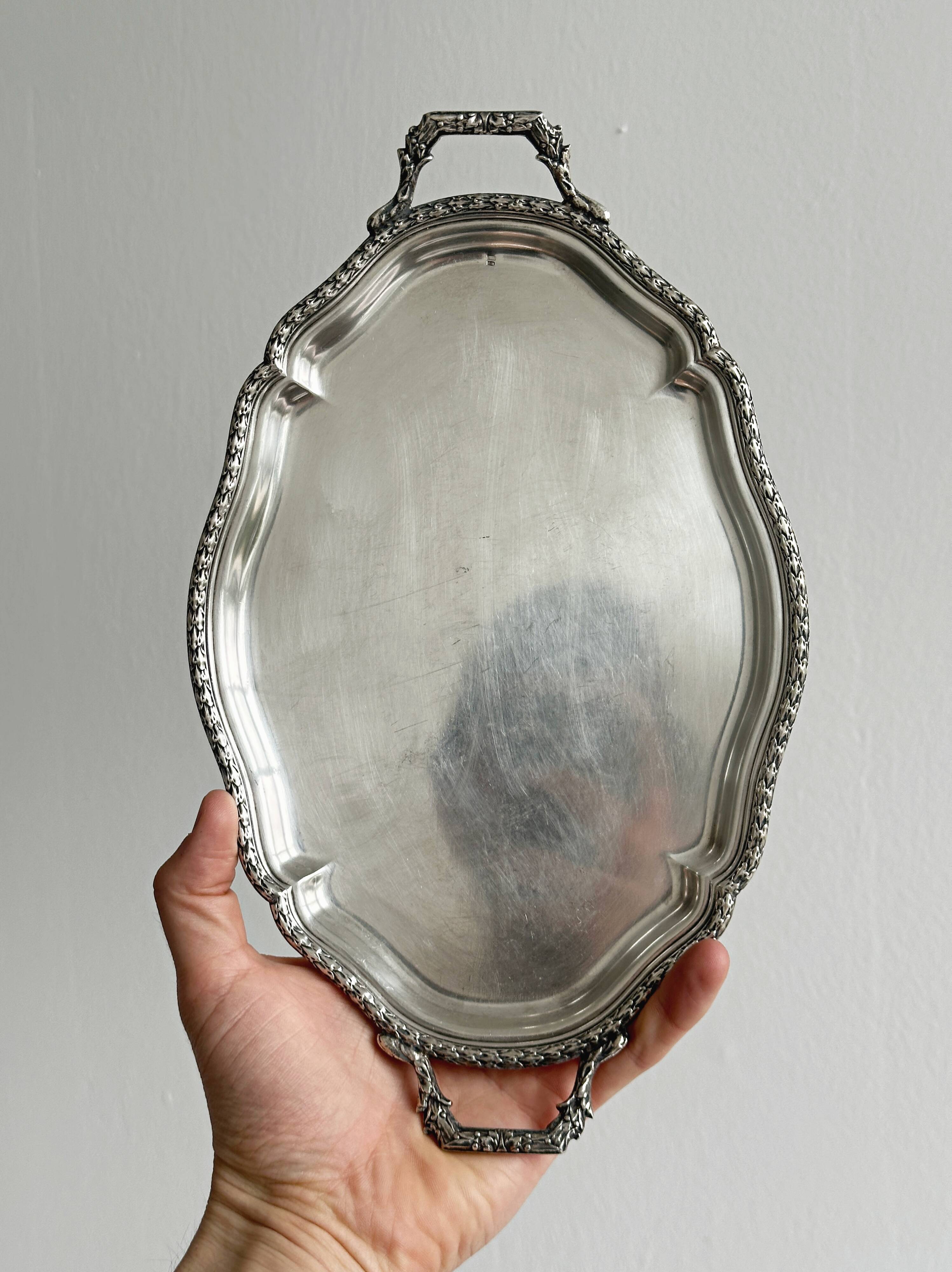 Engraved metal tray with cut-out handles