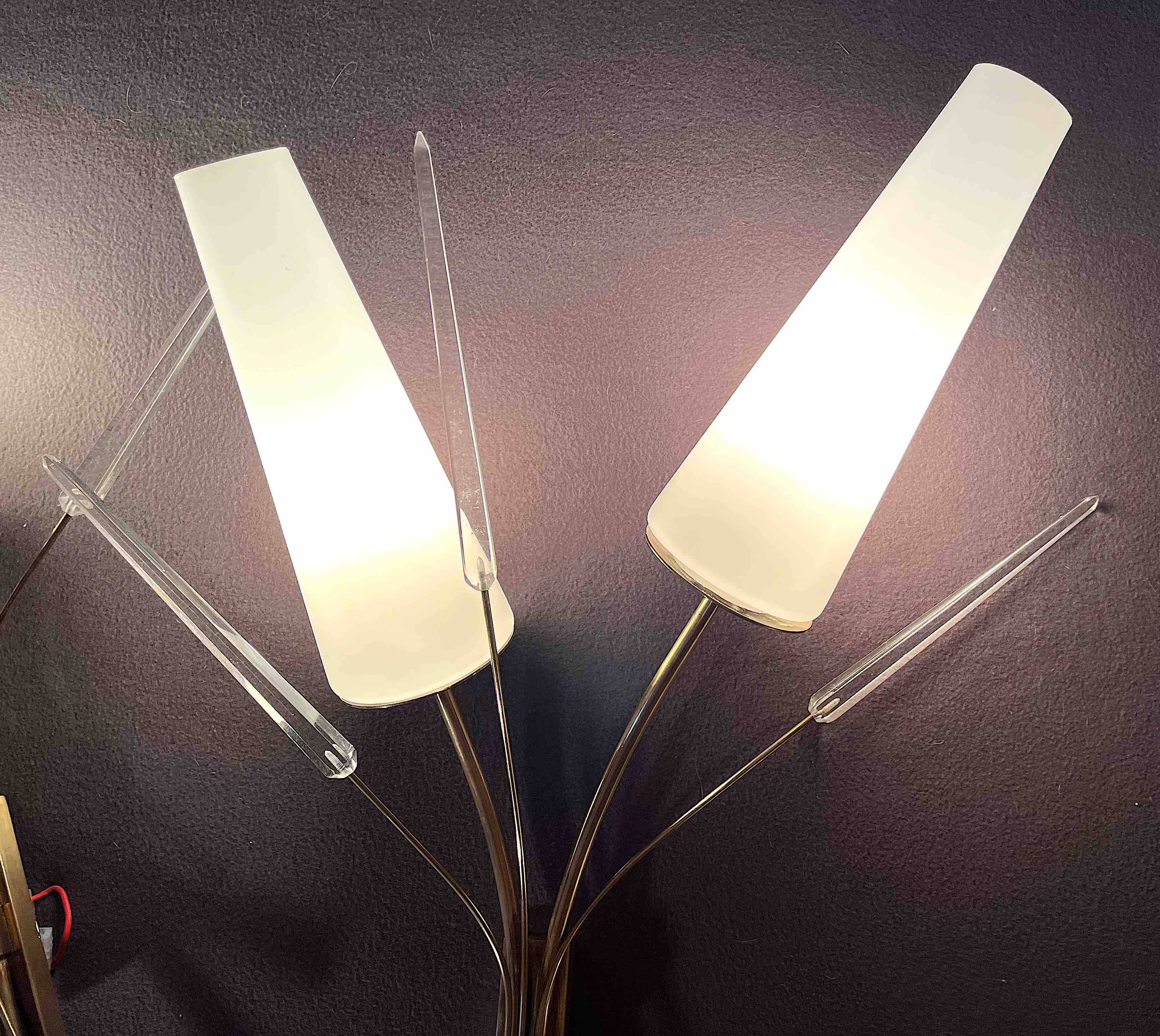 Pair of mid-century modern opaline brass wall lights, Maison Lunel, France, 1950