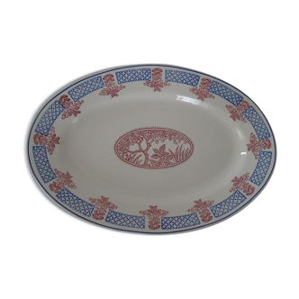 Plat Longwy décor Fécamp  bleu et rouge faïence ancienne