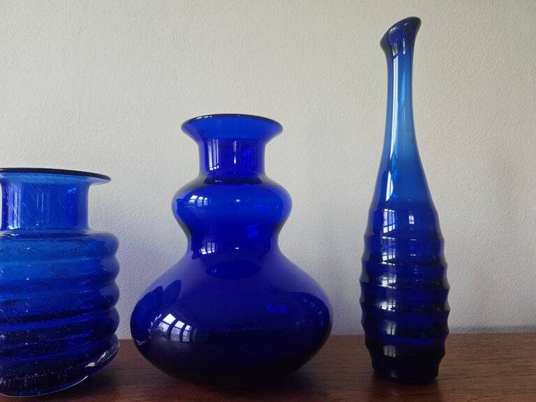 Set of five mid-century cobalt glass vases, Harzkristall, Marita Voigt, 1970