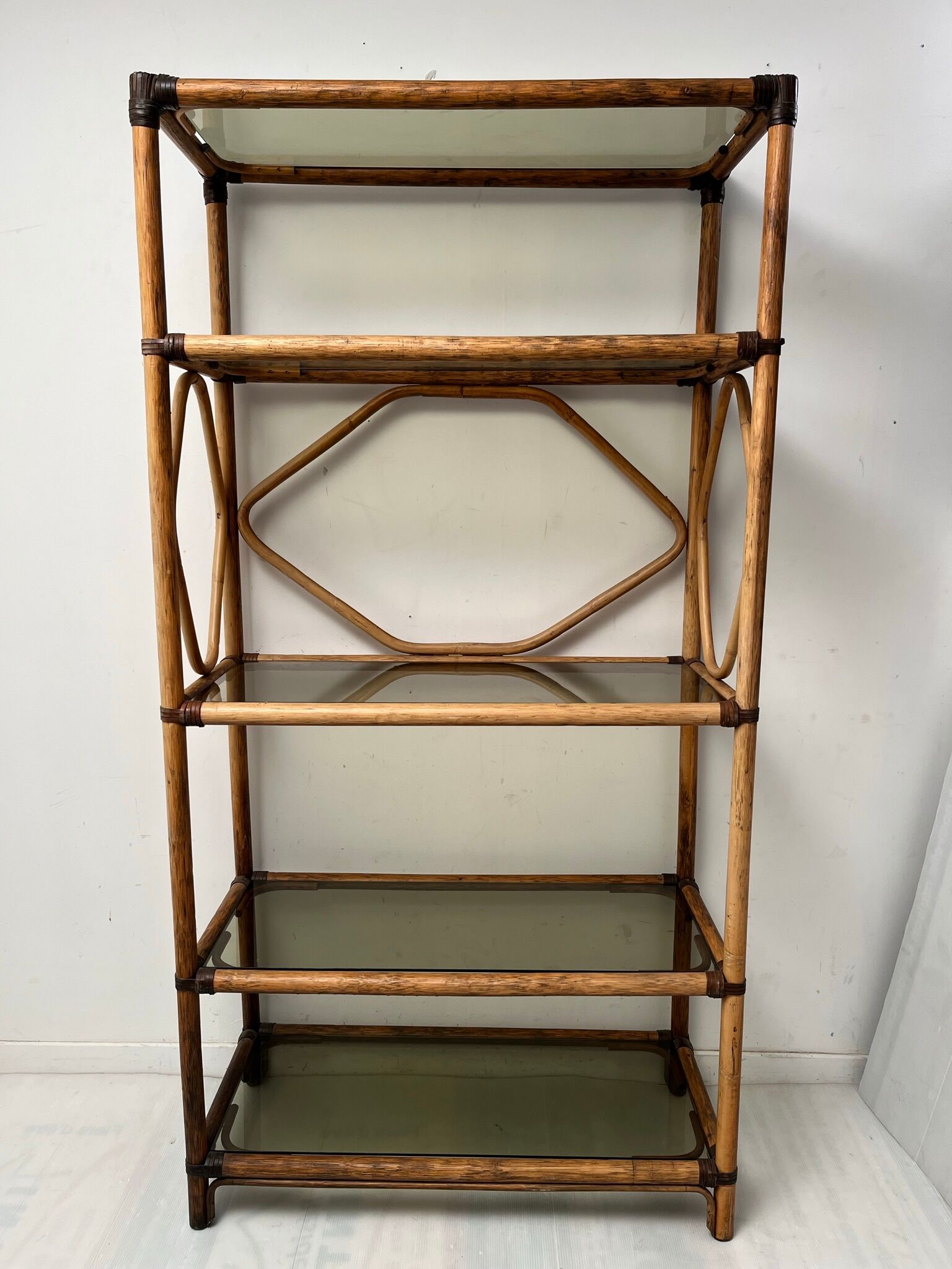 Showcase shelf in vintage smoked glass bamboo