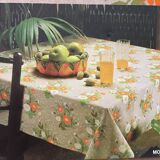 Nappe vintage Moissac fleuri et 8 serviettes neuf - beige orange vert neuf
