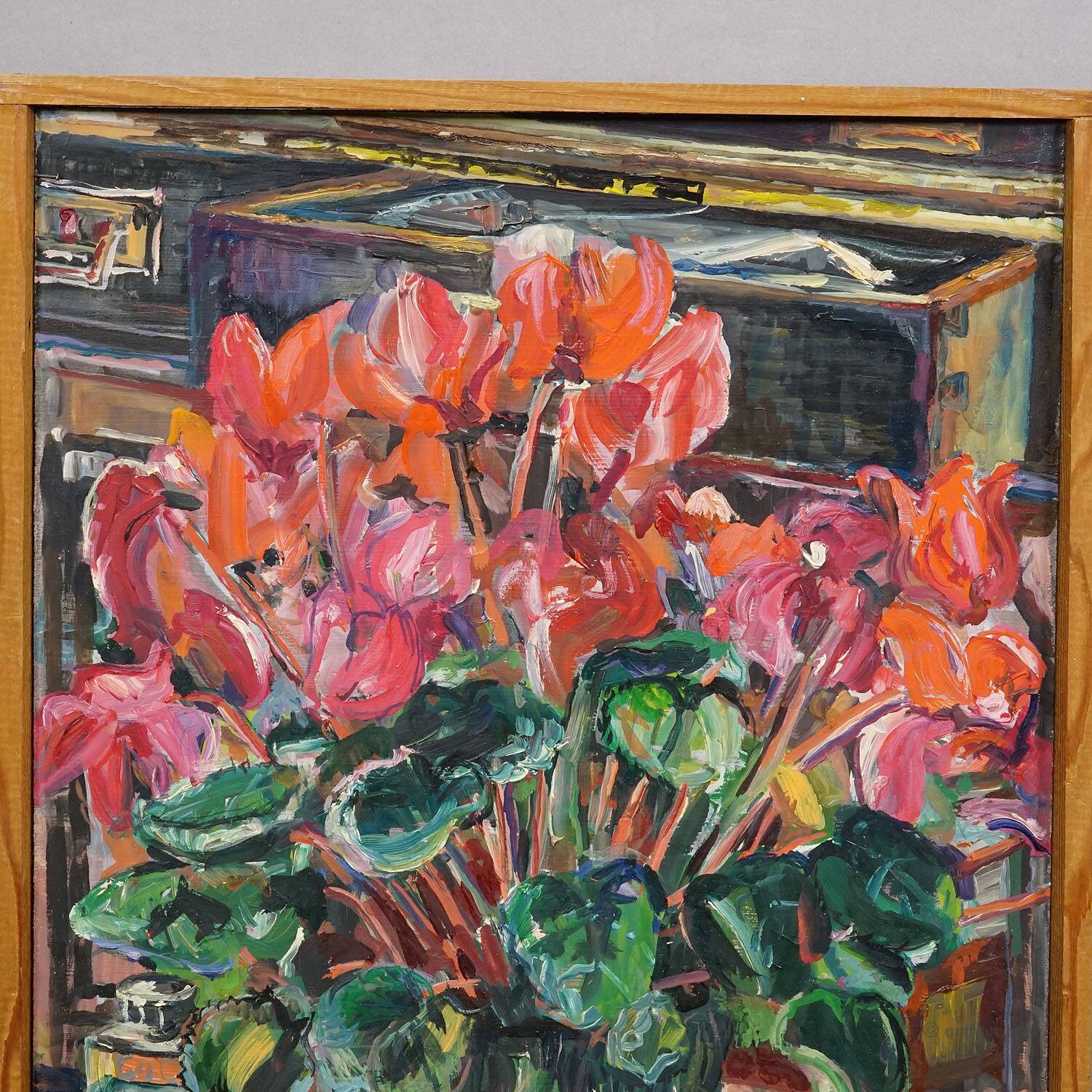 Oil painting by Alexander Michael of cyclamen (Alpenveilchen), 1978