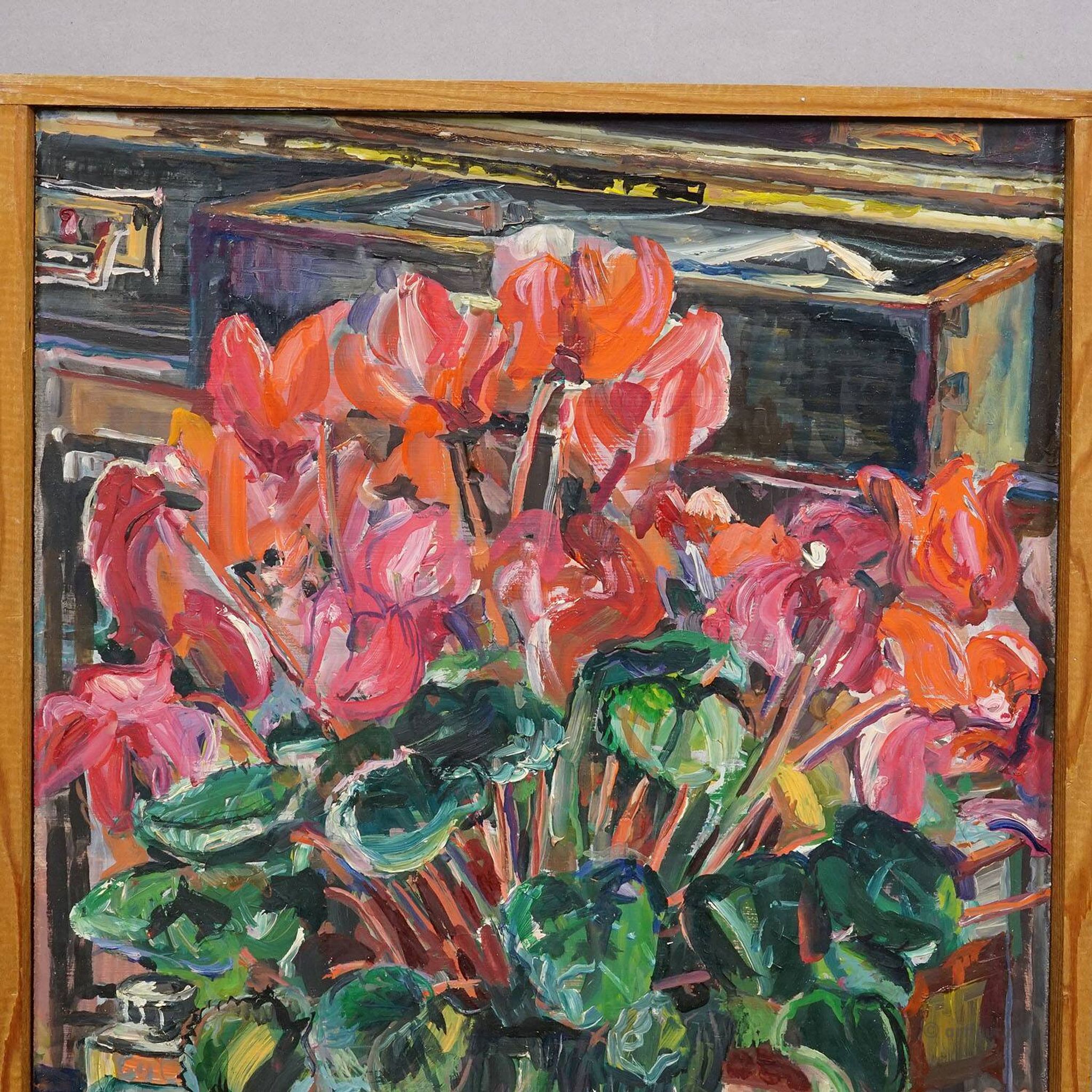Oil painting by Alexander Michael of cyclamen (Alpenveilchen), 1978