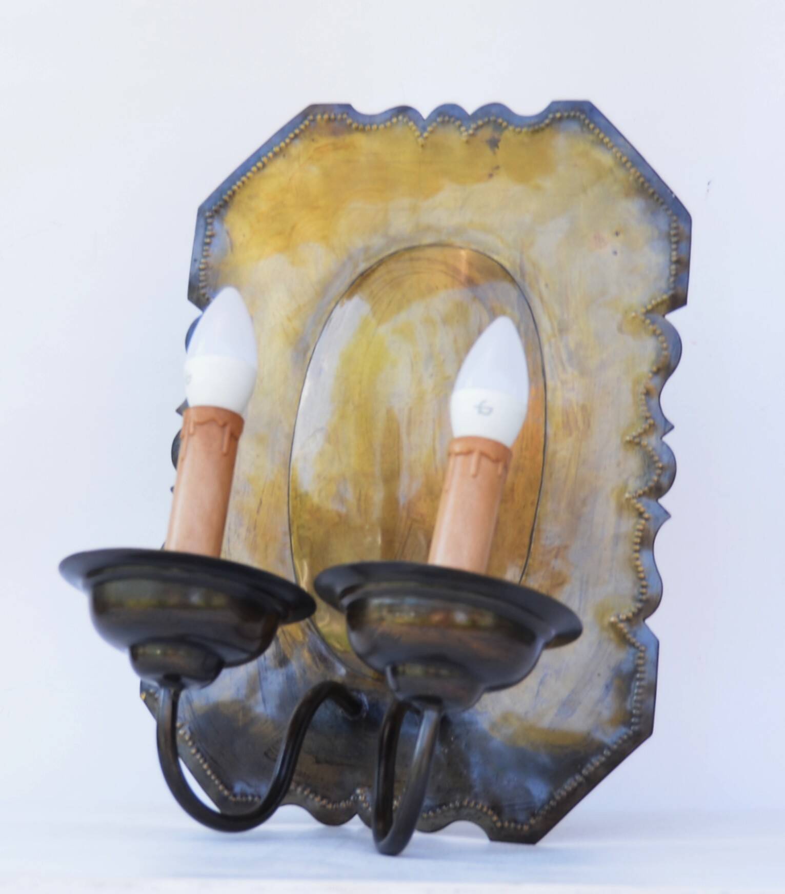 Pair of Dutch Sconces Repusse Brass Two Light Wall Moun