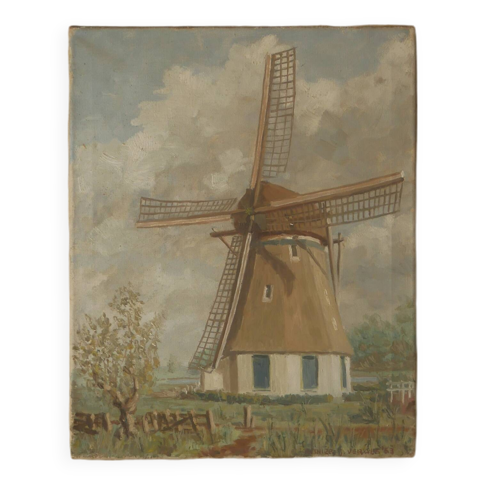 Acrylic painting on canvas vintage Dutch windmill Scandinavian countryside decoration