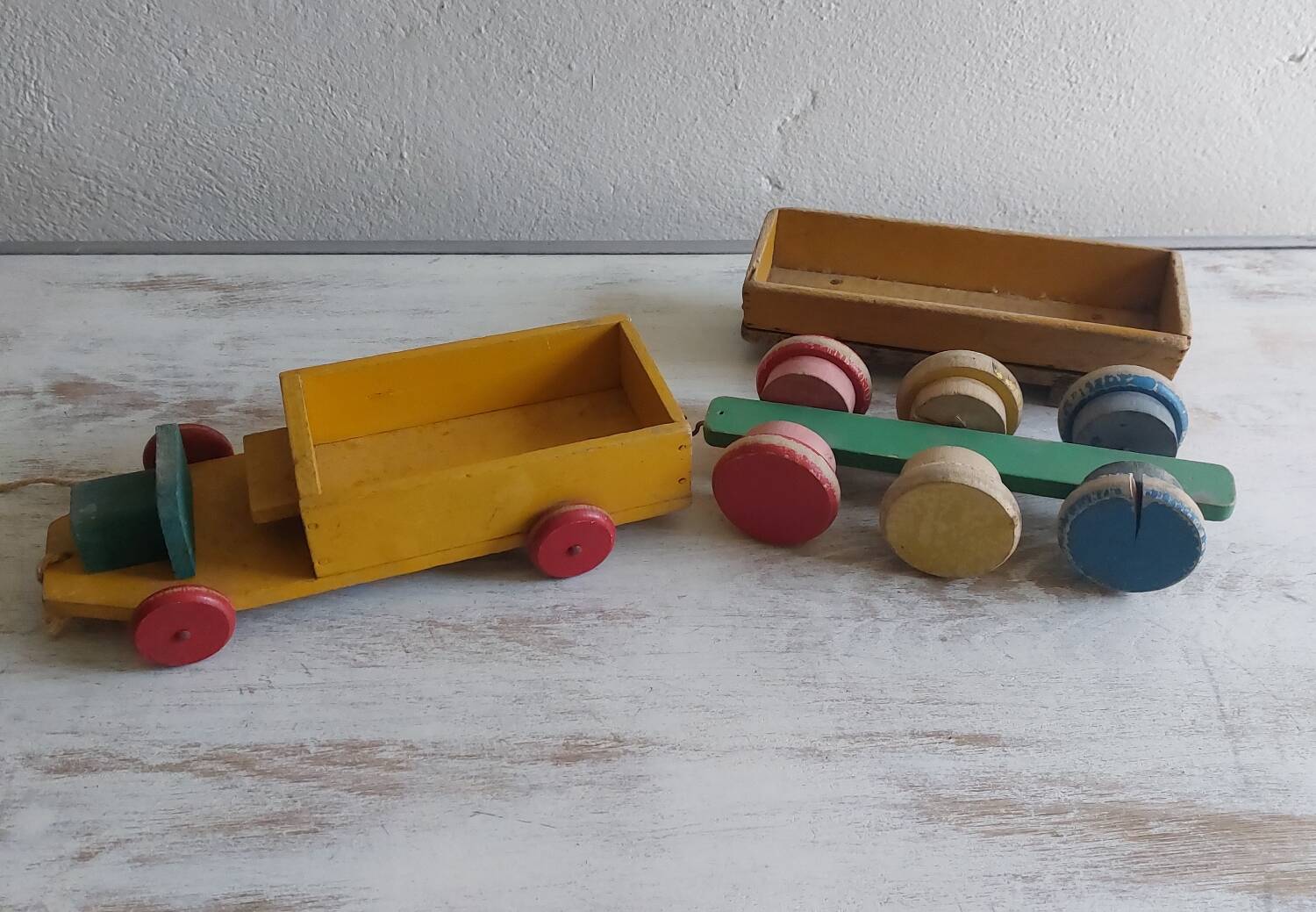Old wooden toy truck and trailer