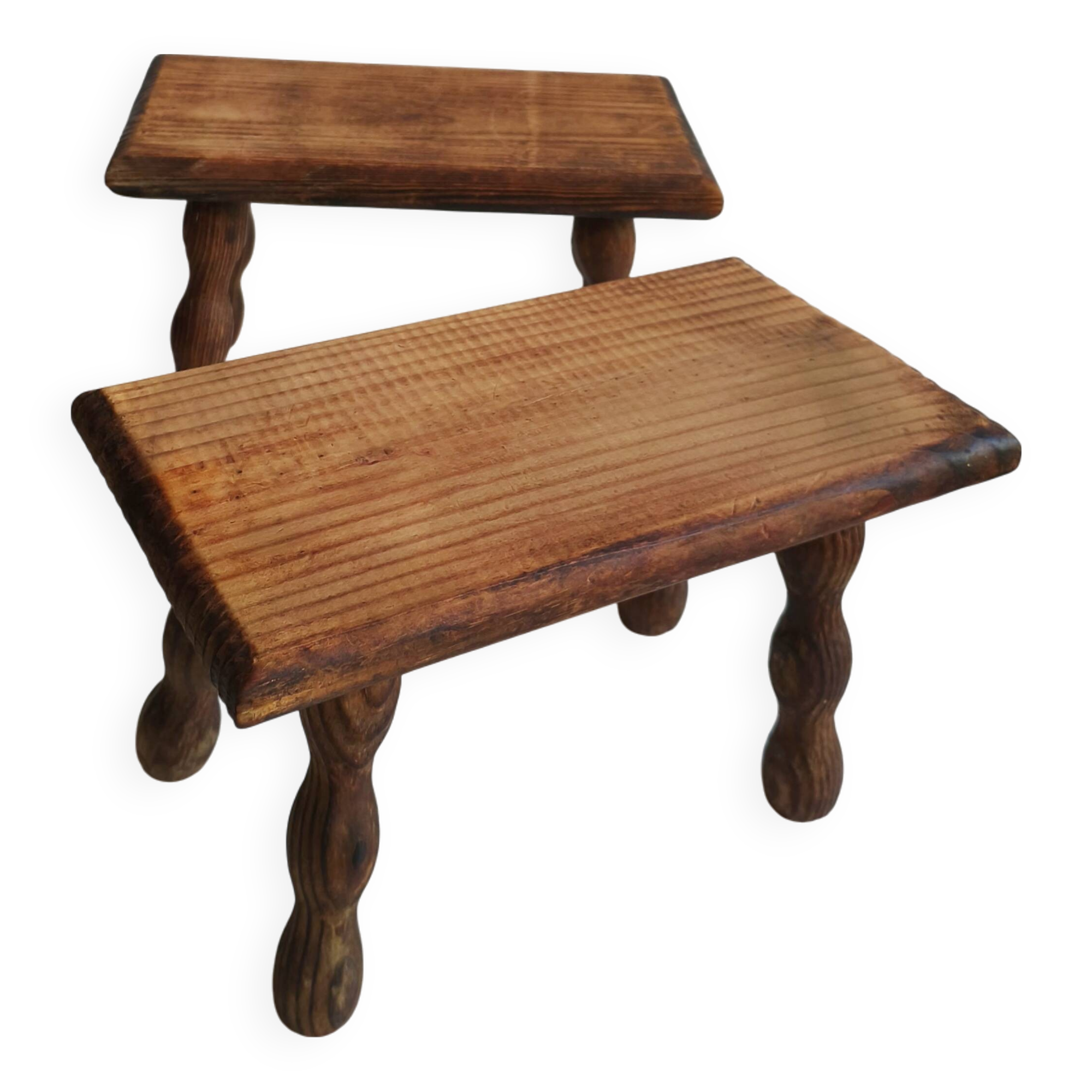 Pair of stools, footrests in solid turned wood