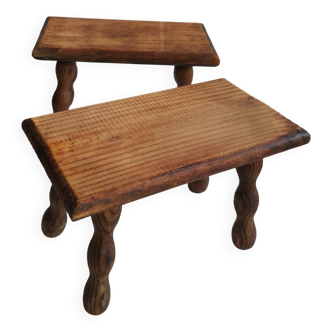 Pair of stools, footrests in solid turned wood