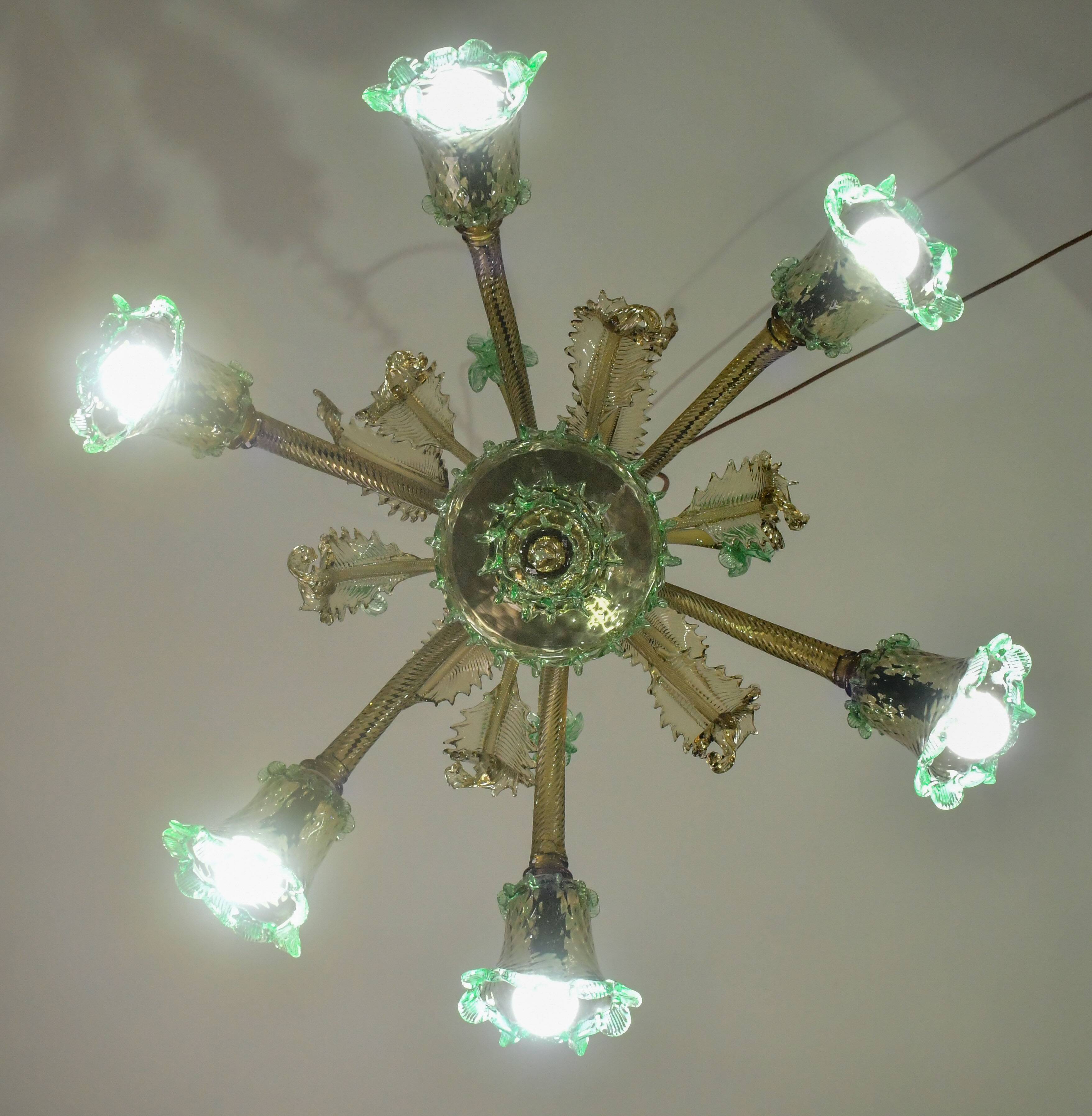 6 arms vintage Venetian chandelier, green Murano glass, 1950s