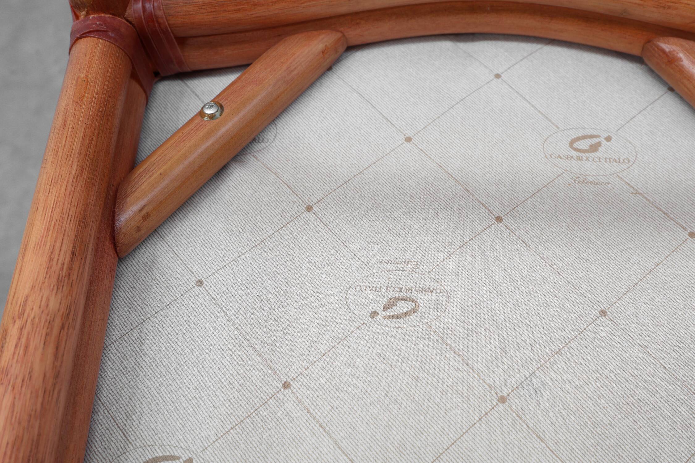 Set of 6 bamboo dining room chairs with geometric upholstery by Gasparucci