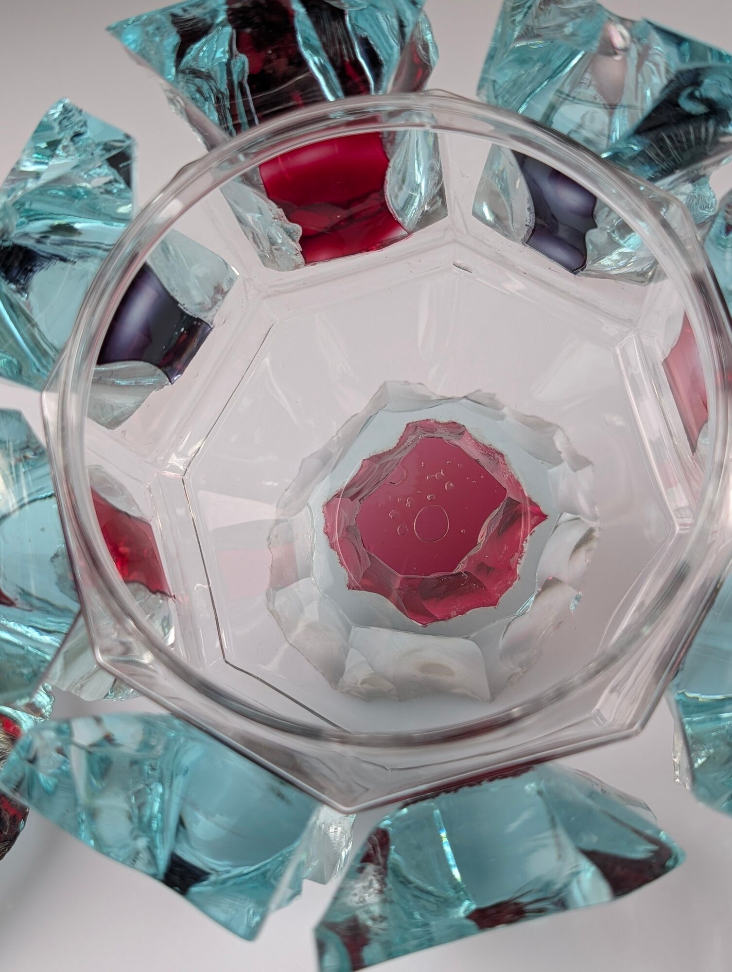 Brutalist cut glass candy box with lid and coloured inserts, 1970s