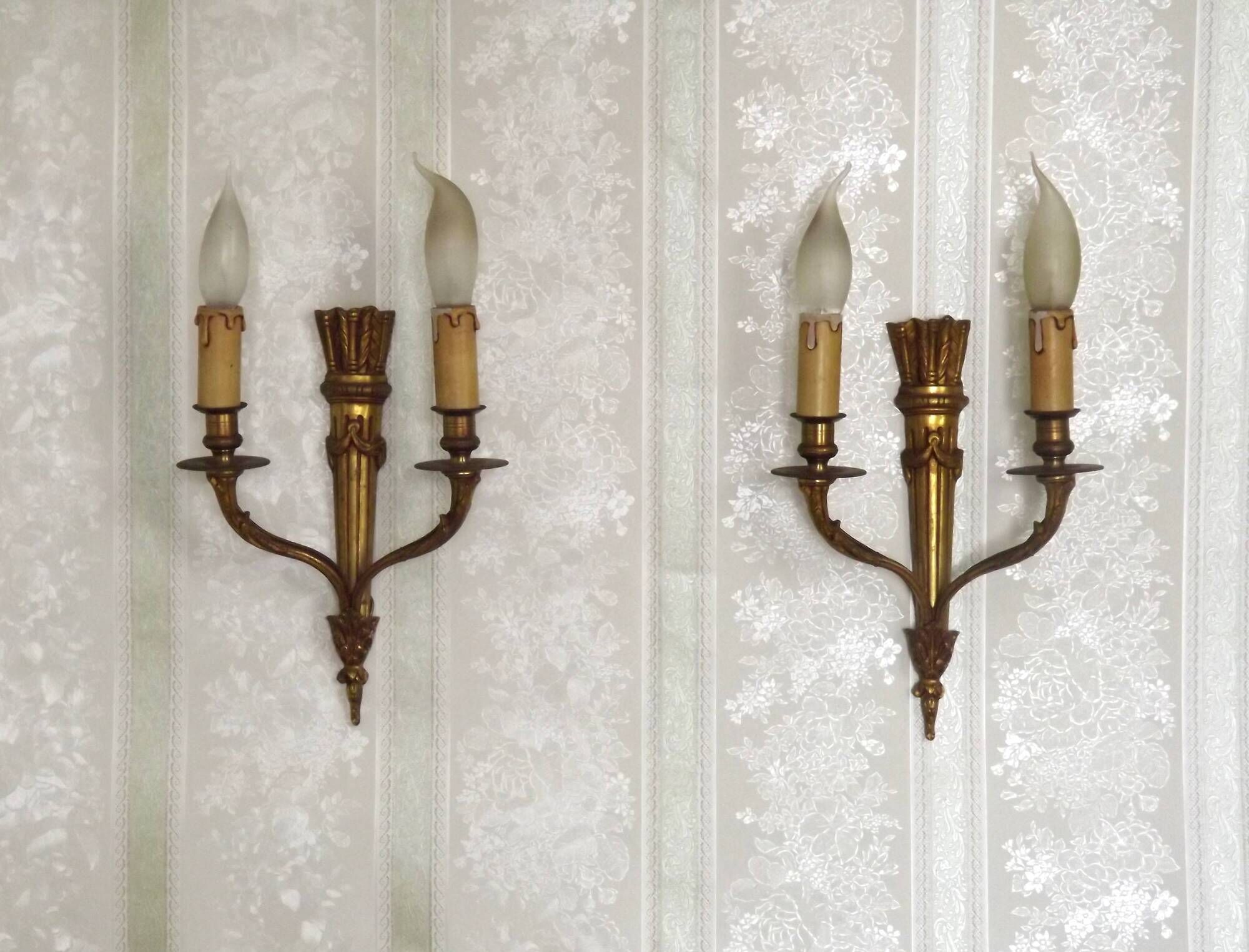 Elegant Pair French Antique Bronze Empire Arrow Style Double Wall Lights 4841