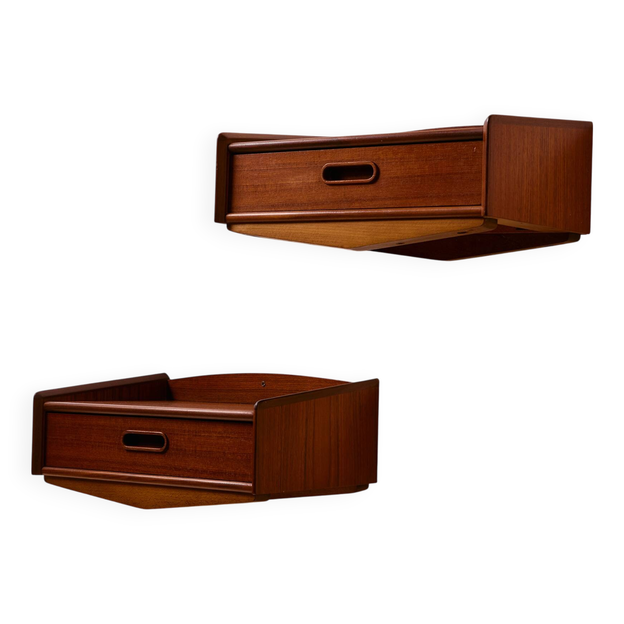 Wall mounted teak and beech bedside cabinet, Set of 2