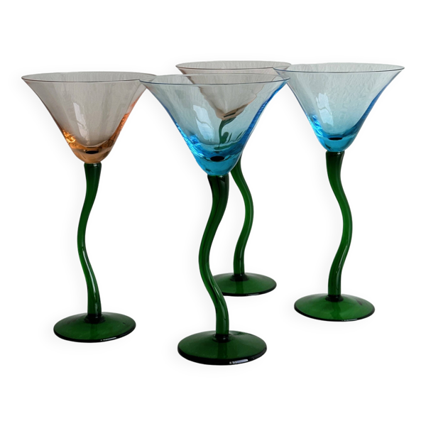 Ensemble de 4 verres à cocktail vintage aux pieds torsadés verts