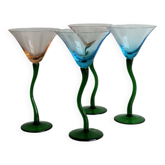 Ensemble de 4 verres à cocktail vintage aux pieds torsadés verts