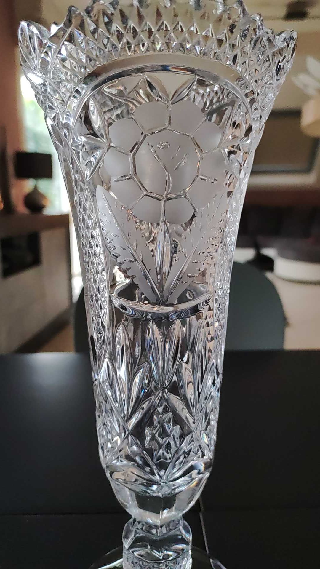 Vintage vase in stylish bohemian chic crystal, floral motifs, braces
