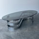 Table basse design en verre fumé et chrome 1970