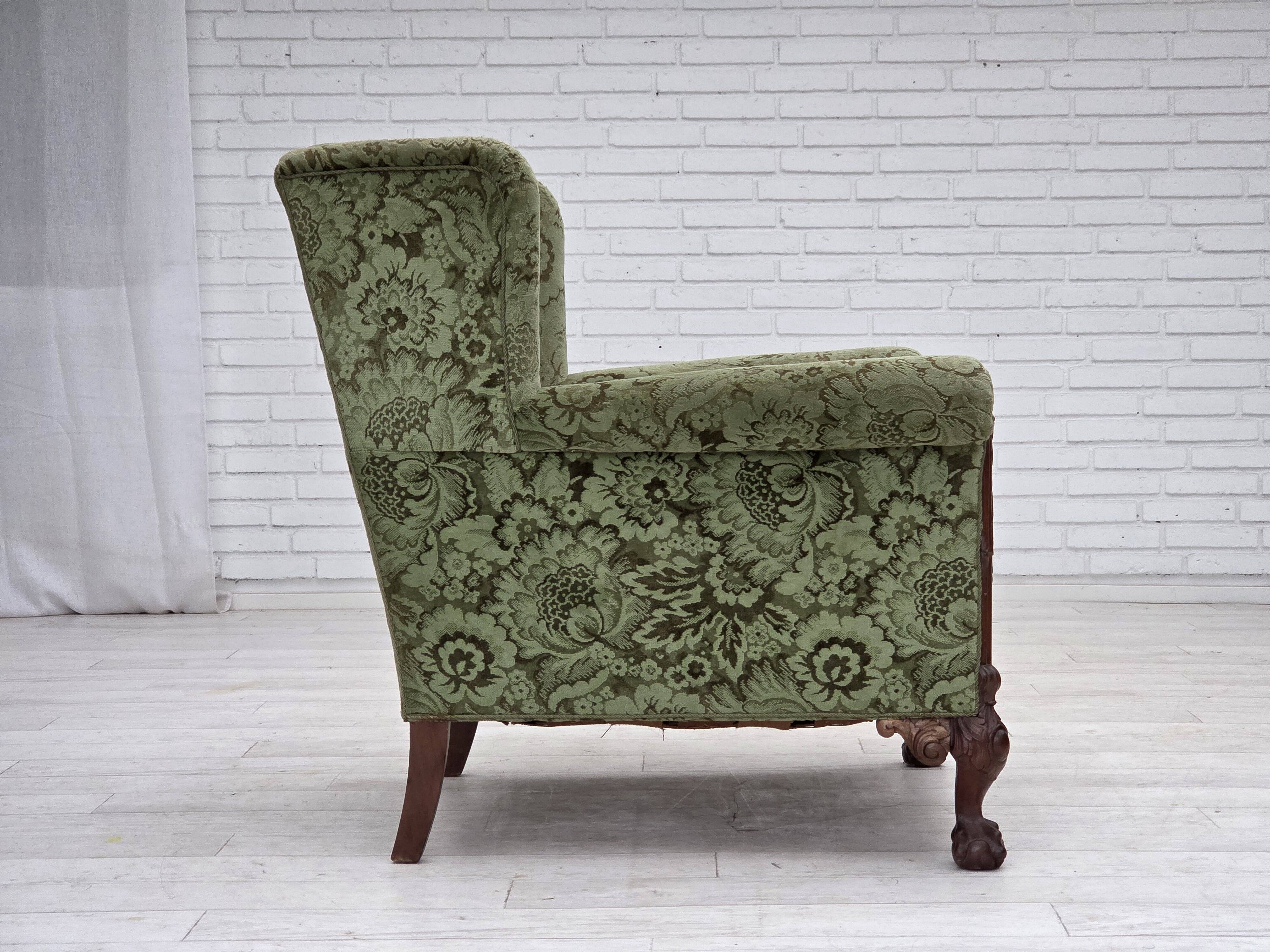 1950s, Danish relax armchair, green furniture velour, carved oak wood.