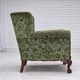1950s, Danish relax armchair, green furniture velour, carved oak wood.