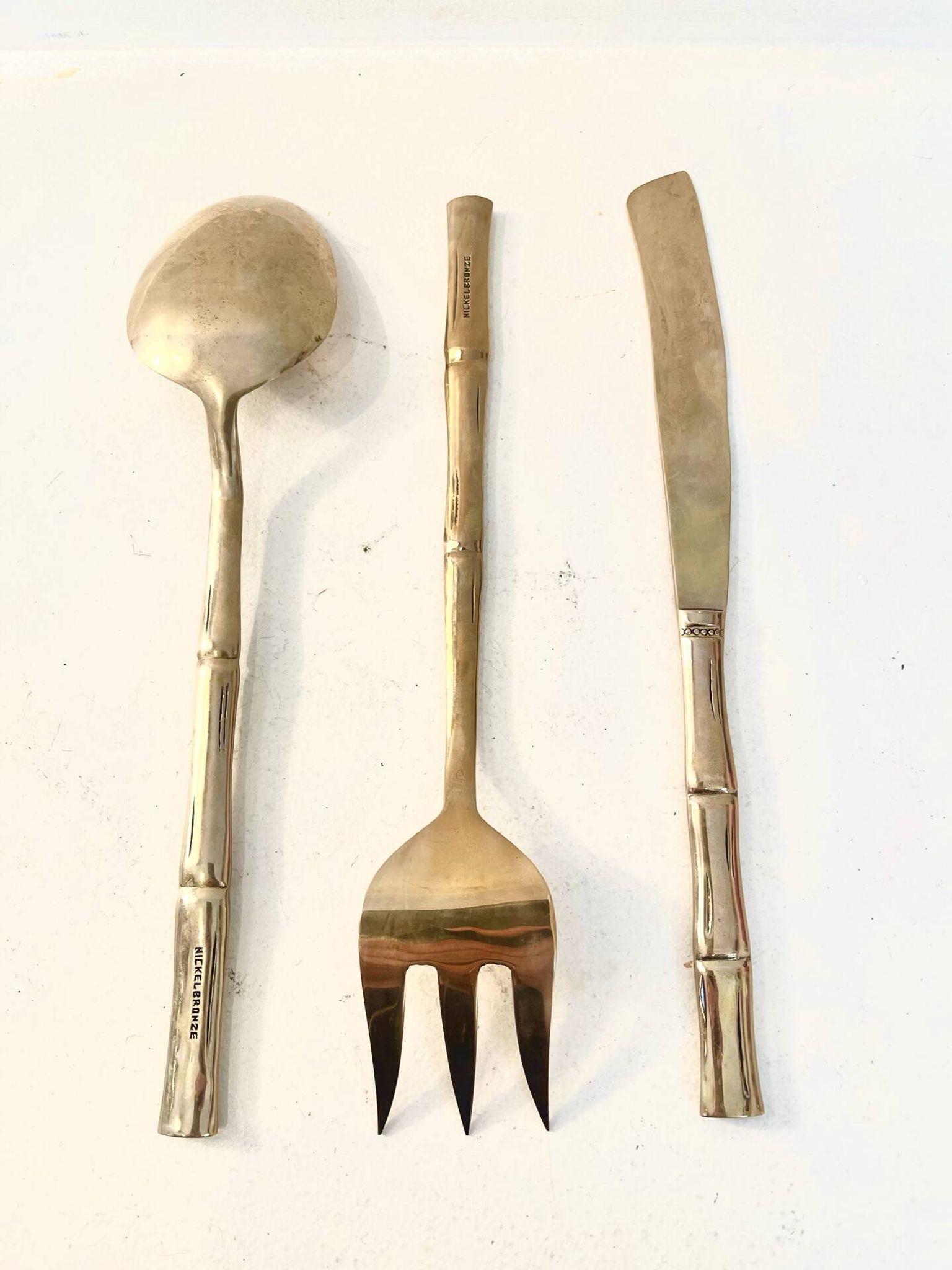 Gold service cutlery trio, bamboo, Hollywood Regency - circa 1