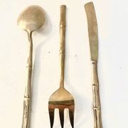 Gold service cutlery trio, bamboo, Hollywood Regency - circa 1