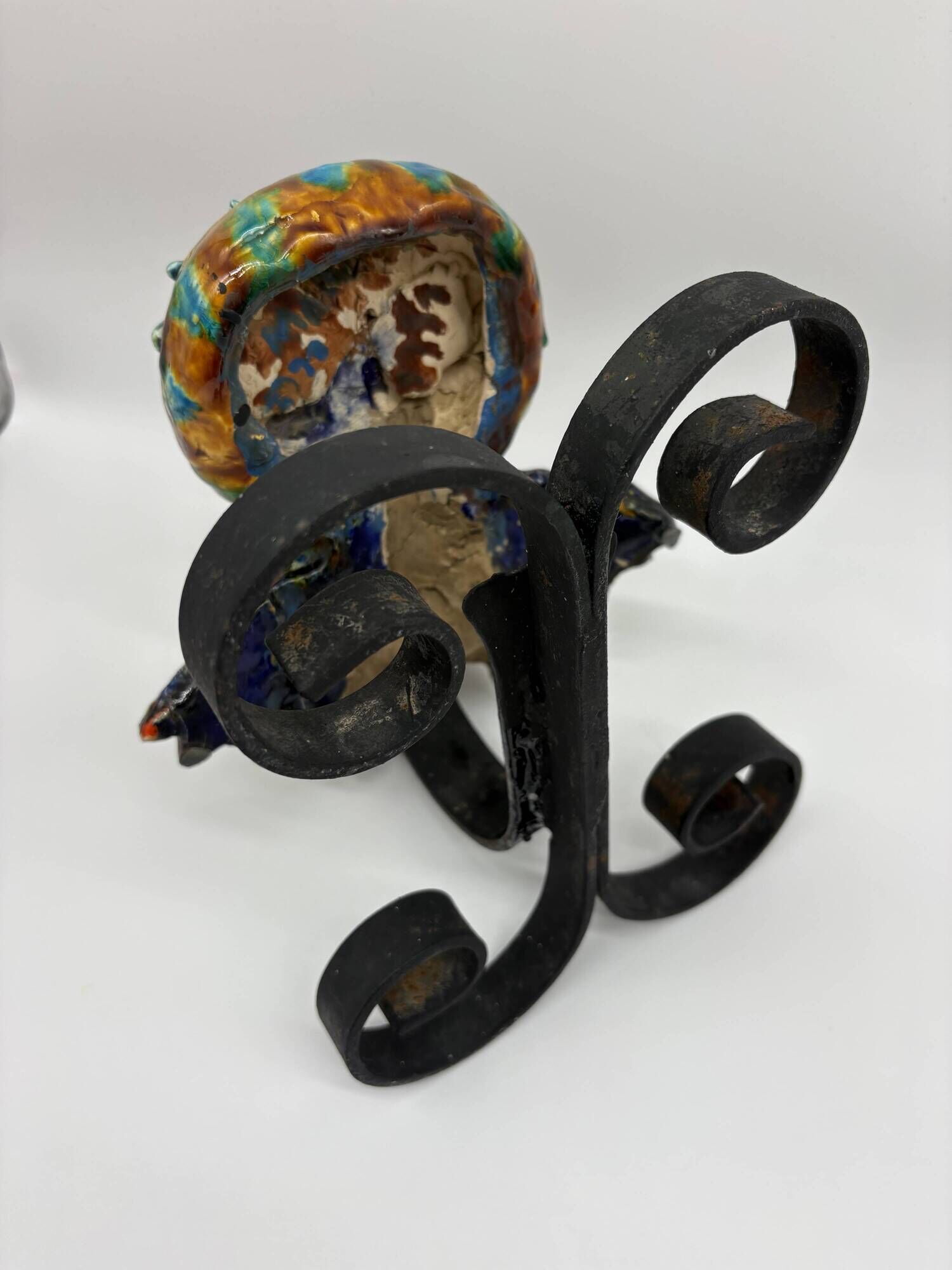 Owl Sculpture in Glazed Ceramic Dated 1991 on Wrought Iron Base