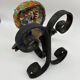 Owl Sculpture in Glazed Ceramic Dated 1991 on Wrought Iron Base