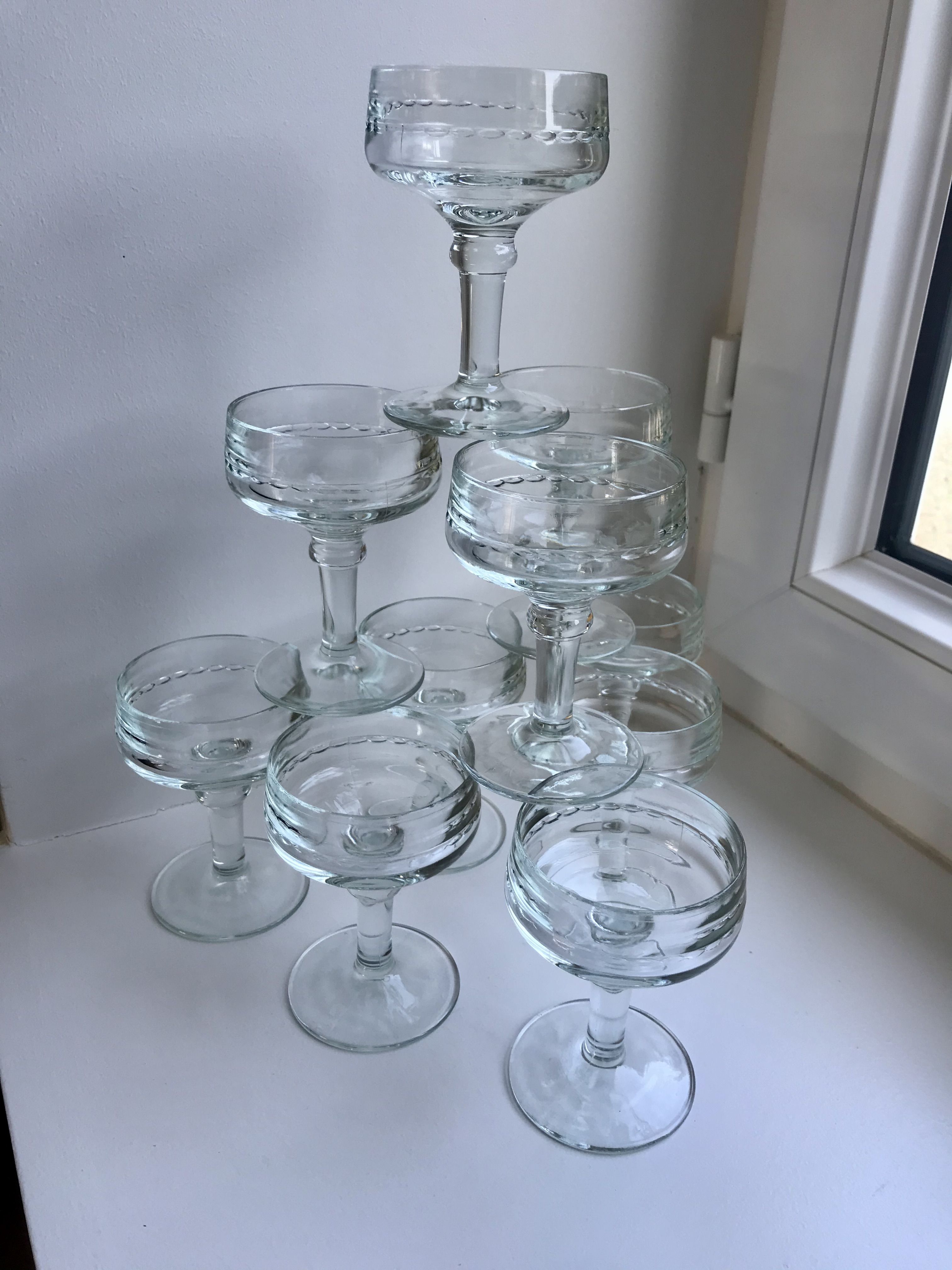 Set of 10 glasses with molded glass bar legs in 70s