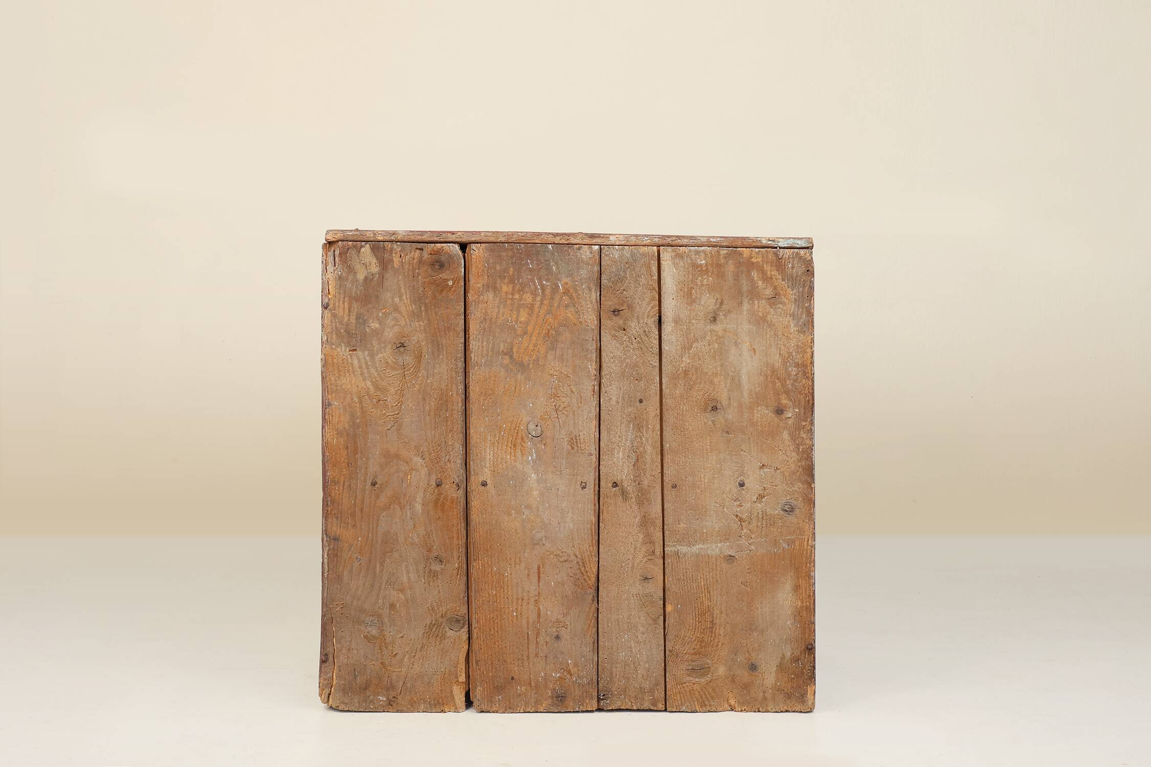 Rustic Parisian cabinet in pine wood with old burgundy paint layers, ca. 18