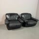 Large Set of Italian Space Age Black Leather Lounge Chairs with Brass