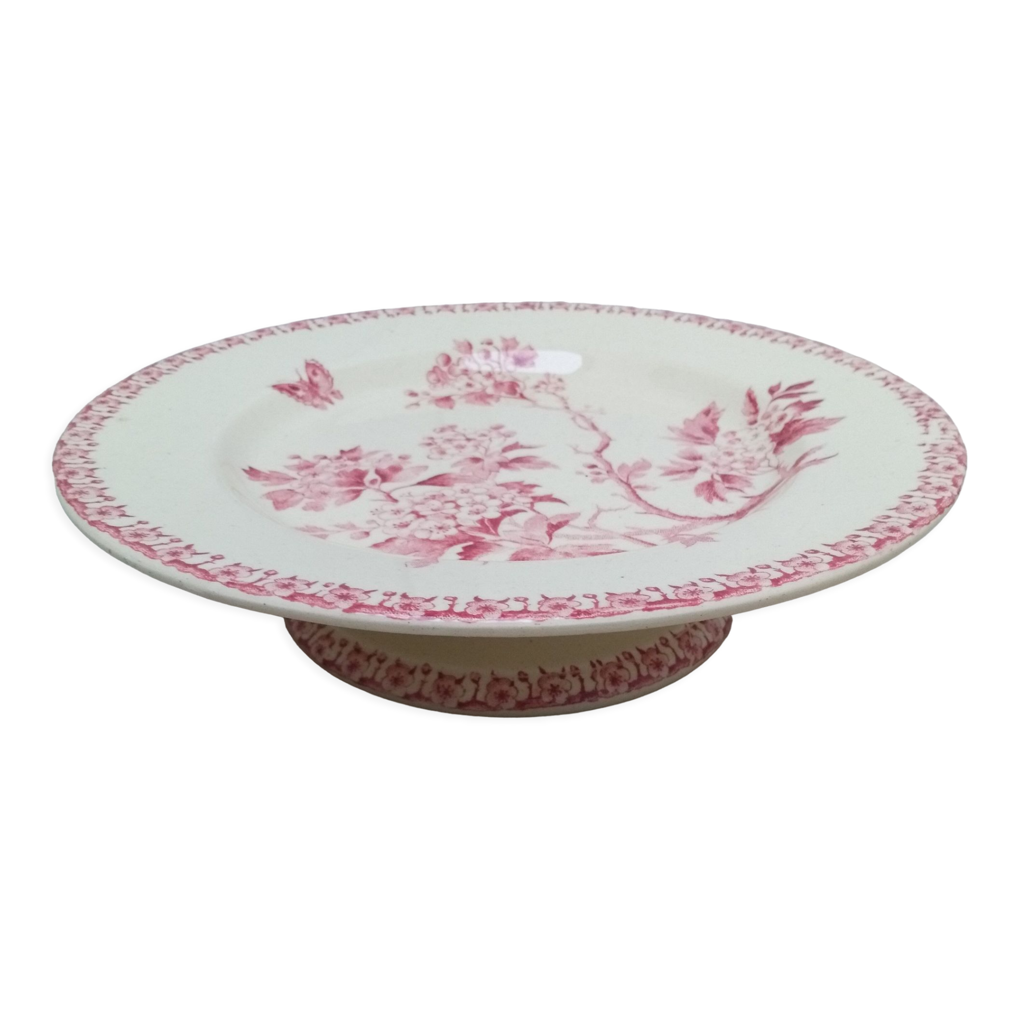Cake dish on foot in iron earth of Gien model Pink hawthorn