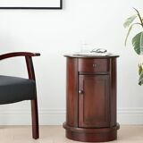 Vintage Cherry Round Side Table with Storage Drawer & Door