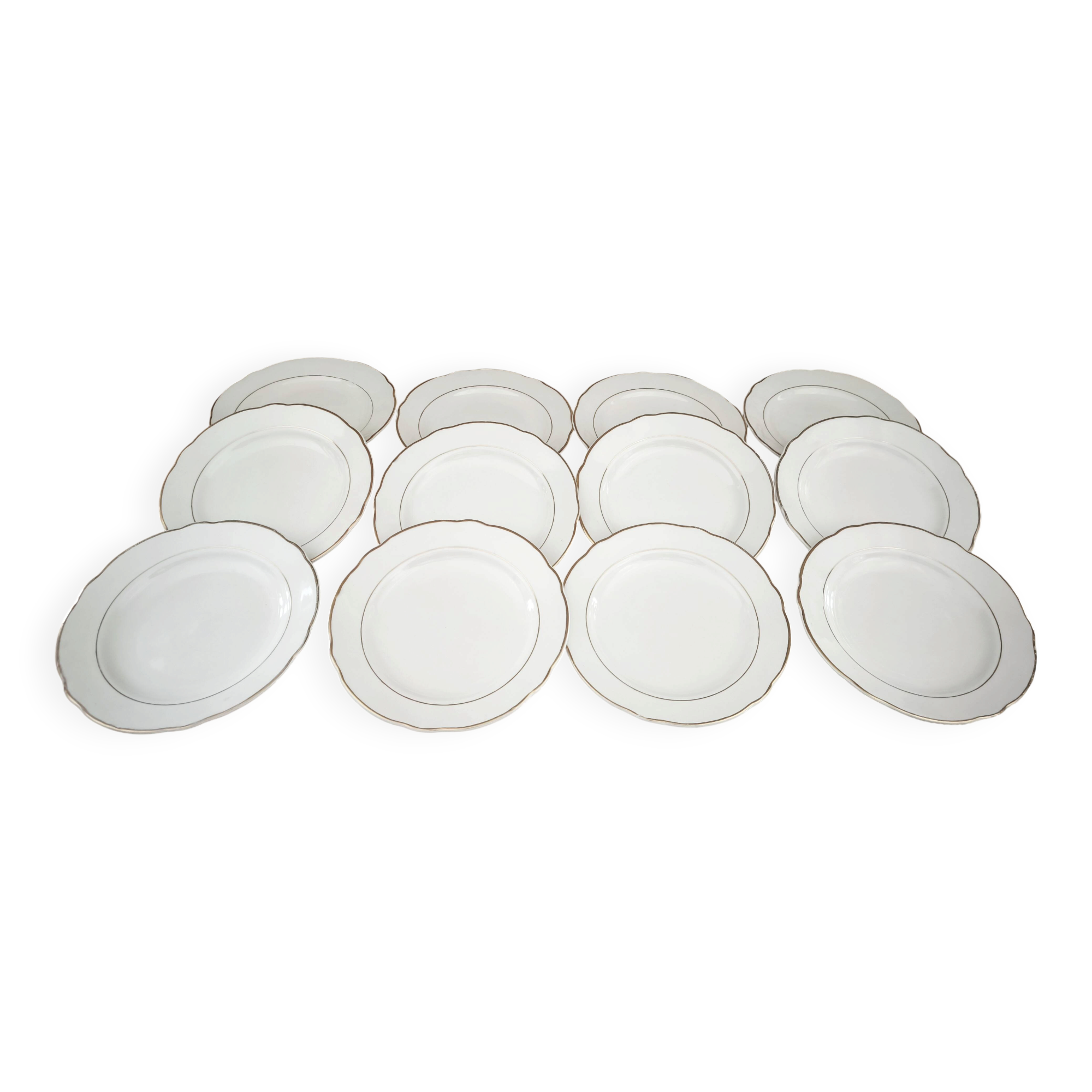 Set of 12 white earthenware dessert plates with a gold rim from Sarreguemines.