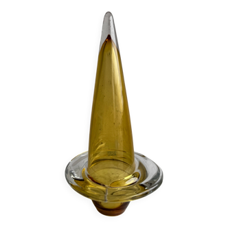 Schott Studio Honey-Amber Hand-Blown Glass Spinning-Top Vase with Clear Flange, 36cm