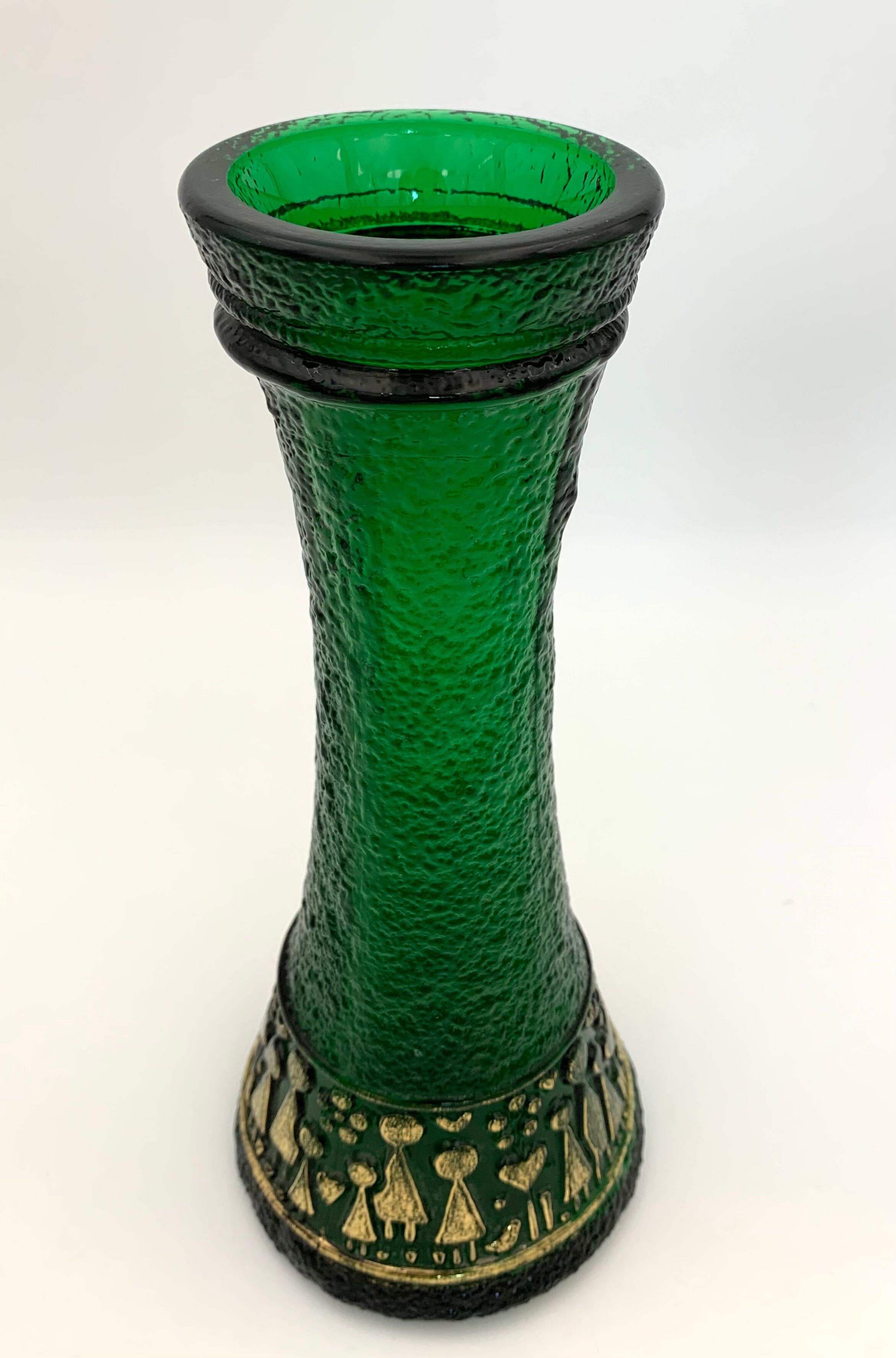 Vintage vase in moulded glass, green and gold patterns - 1970s