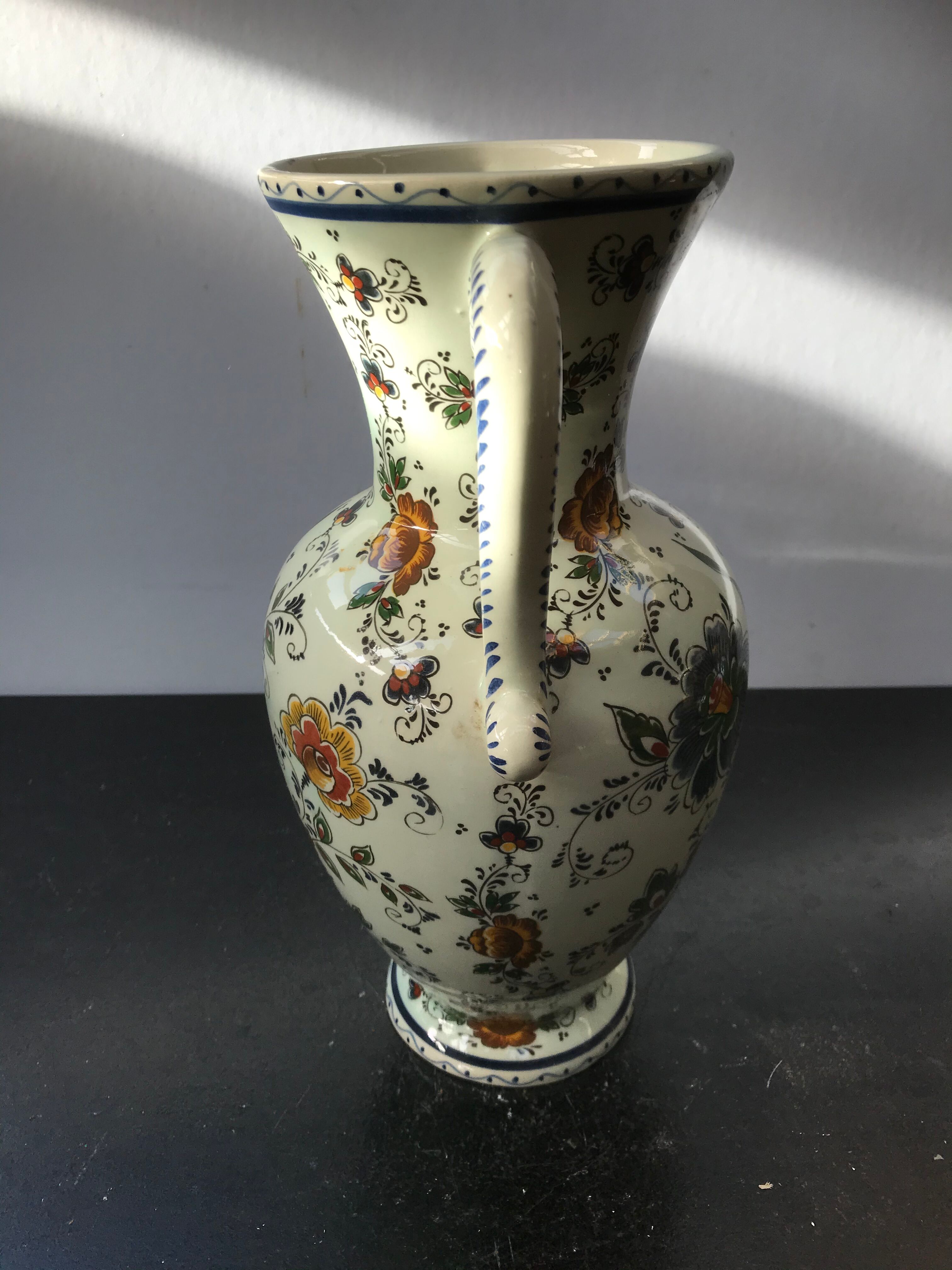 Vase Delft avec anses céramique blanc décor fleurs vintage Selency